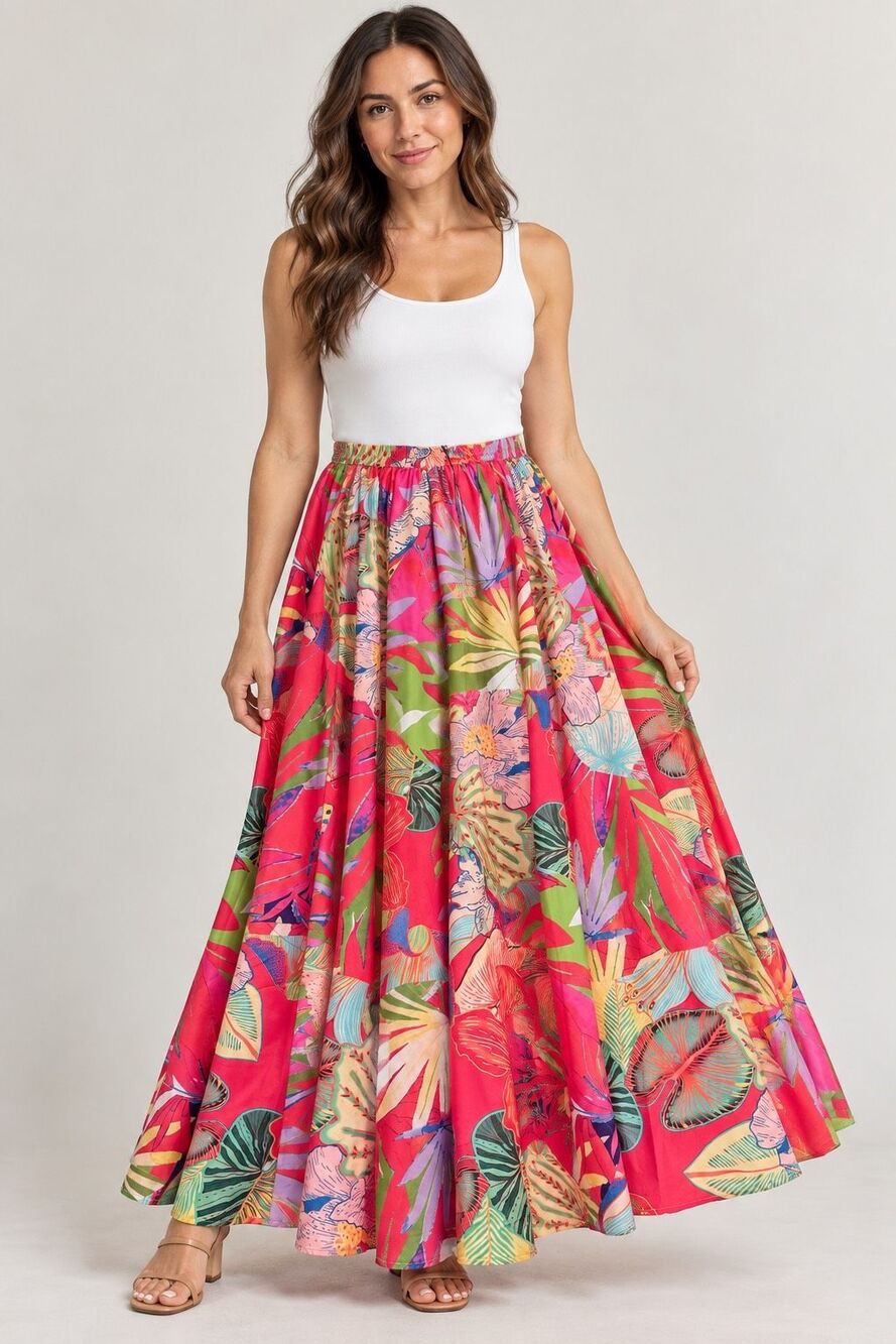 Christian Siriano Tropical Floral Maxi Skirt Small Pink Elastic Waist NWT
